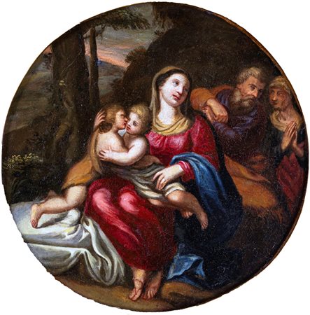 Scuola italiana del XVII secolo Sacra Famiglia olio su tela Diam. 39 cm - con...