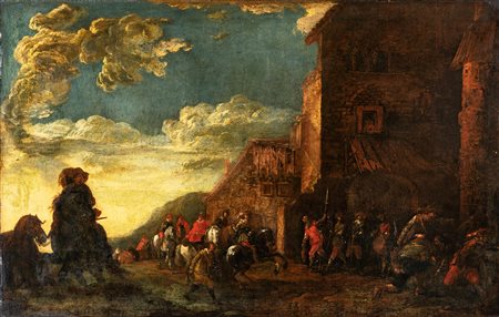 Pittore bambocciante del XVII secolo Cavalieri presso un casolare Olio su...