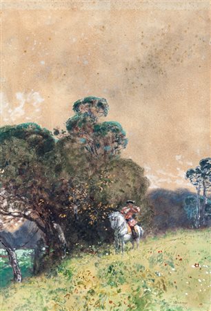 Eduardo Dalbono (Napoli 1841-Napoli 1915) Paesaggio con cavaliere pastelli e...