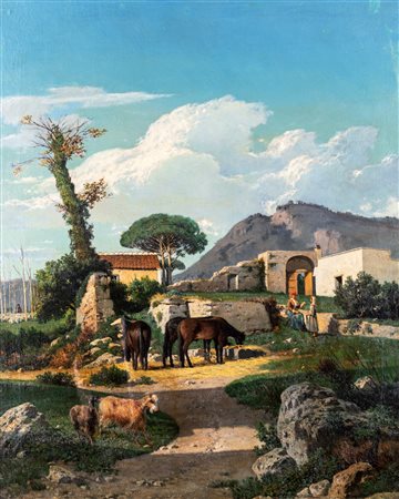 Nicola Palizzi (Vasto 1820-Napoli 1870) Casale con contadini e armenti olio...
