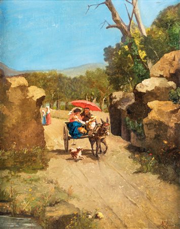 Antonio Milone (Napoli 1834-Napoli 1919) Passeggiata in calesse olio su tela...