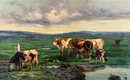 John Edmund Califano (Roma 1862-Van Nuys 1946) Mucche al pascolo olio su tela...