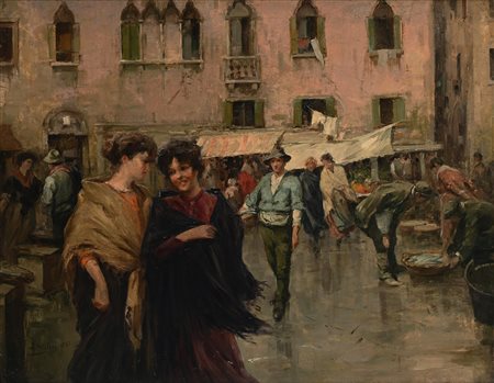 Alessandro Milesi (Venezia 1856-Venezia 1945) Mercato veneziano 1895 olio su...