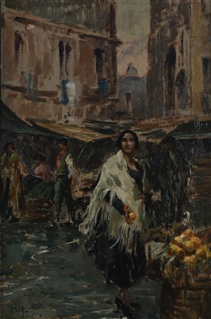 Giuseppe Uva (Napoli 1874-Napoli) Donna al mercato olio su tavola cm 38x25 -...