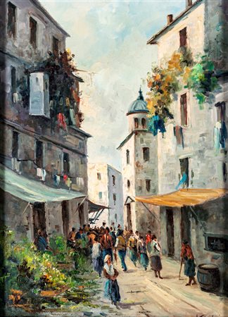 Aldo Giordani () Scena di mercato olio su tela cm 64x46 - in cornice cm 84x65...