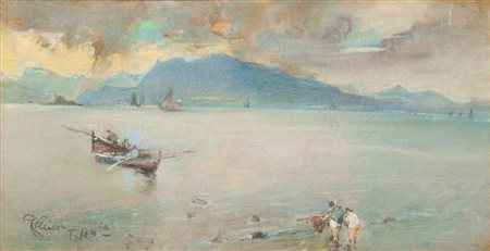 Giuseppe Casciaro (Ortelle 1863-Napoli 1941) Marina con pescatori cm 18x32 -...