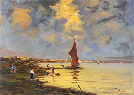 Carlo Follini (Domodossola 1848-Pegli 1938) Tramonto ligure olio su tavola cm...