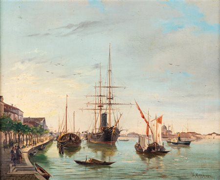 Ugo Manaresi (Ravenna 1851-Livorno 1917) Marina con barche e veliero olio su...