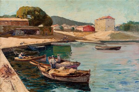 Lucien Ducuing (1896-1958) Porticciolo con pescatori olio su tavola cm...