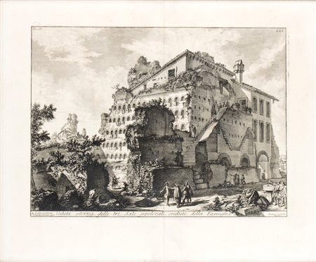 Giovanni Battista Piranesi (Mogliano Veneto 1720-Venezia 1778). Veduta esterna delle Tre Sale sepolcrali, credute della Famiglia di Aug.to