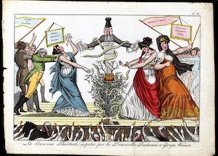 James Gillray (1756-1815). La Couronne Théatrale disputée par les Demoiselles Duchesnois & Georges Weimer