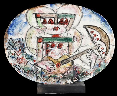 Ibrahim Kodra (1918 - 2006) SUONATORE ceramica smaltata, cm 23,5x32x1, su...