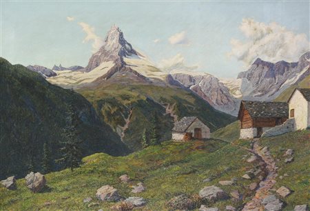 Arnaldo Nussi (1902 - 1977) IL CERVINO IN SVIZZERA olio su tela, cm 69,7x99,8...