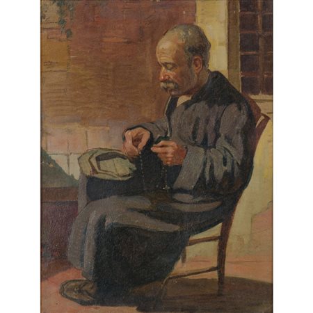 EMANUELE DI GIOVANNI, Anziano in preghiera, Olio su cartone