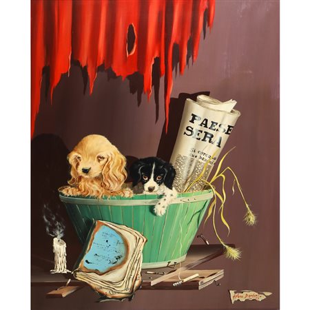 Alfano Dardari (Meldola 1924-1988)  - Cuccioli di cani in cesta, Rome 1973