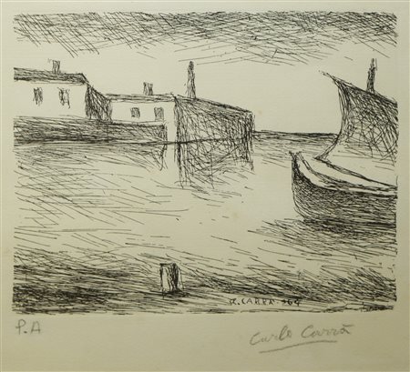 Carlo  Carrà (Quargnento 1881-Milano 1966)  - Paesaggio marino, 1964