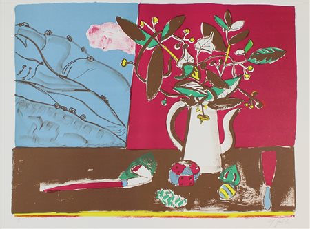 Fabbri Alfredo Paesaggio e natura morta, 1973 litografia a colori su carta,...