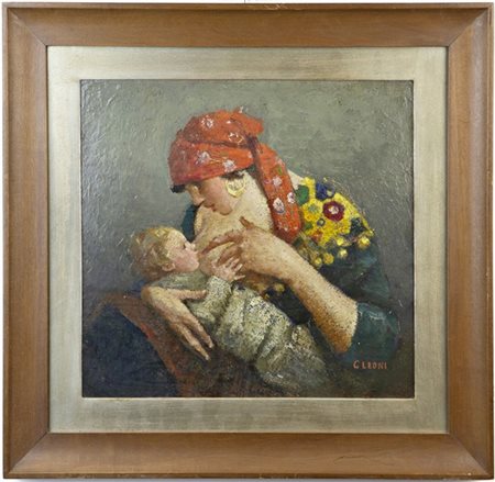 Giuseppe Leoni "Maternità" 
olio su compensato (cm 30x30)
firmato in basso a des