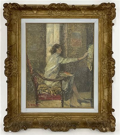 Adriano Bogoni "La pittrice" 
olio su tela (cm 50x40)
firmato in basso a sinistr