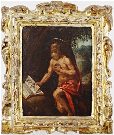 Scuola del secolo XVII

"San Girolamo penitente"
olio su rame (cm 22x17)
in cor