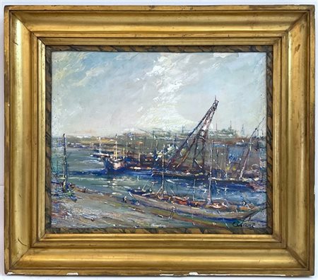 Giulio Cisari "Savona - Porto" 
olio su compensato (cm 50x60)
firmato in basso a