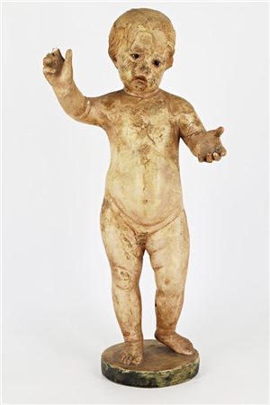 Arte del secolo XIX. Figura di bambino in papier machè dipinto, occhi in vetro