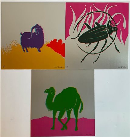 Gino Marotta "Muflone - Dromedario - Scarabeo" 1974
tre serigrafie su cartoncino