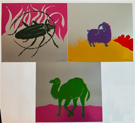 Gino Marotta "Muflone - Dromedario - Scarabeo" 1974
tre serigrafie su cartoncino