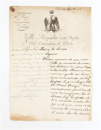 Lettera manoscritta e autografa del sottoprefetto Zelli - Pazzaglia 1810