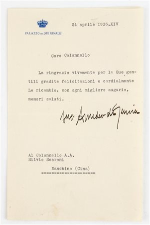 Lettera di ringraziamento al Generale Scaroni da Amedeo di Savoia