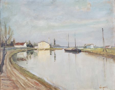 ALDO BERGAMINI (Bottrighe, 1903 - Venezia, 1981) Paesaggio lagunare olio su...