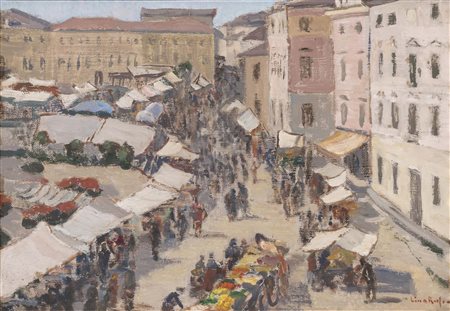 LINA ROSSO (Venezia 1888 - 1975, - ) Mercato a Pieve di Soligo 1946 olio su...