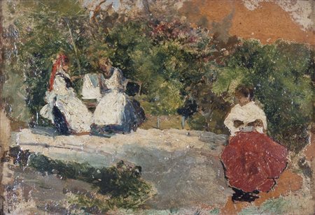 GIACOMO FAVRETTO (Venezia, 1849 - 1887) Conversazione in giardino olio su...