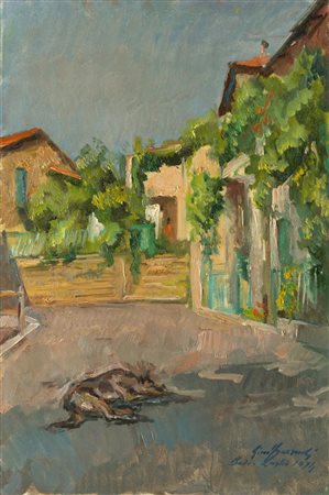 Gino Marzocchi (Molinella 1895 - Bologna 1991), “Scorcio di paese con cane”, 1974.