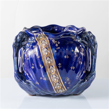 Cachepot a tre anse in maiolica blu, LUNEVILLE, Francia