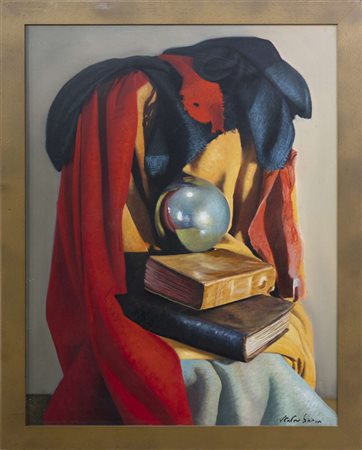 Antonio Sciacca, Drappeggi con sfera, 2010, olio su tela, cm 93x70, autentica...