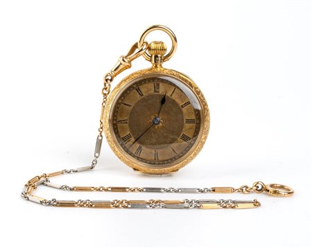 Orologio da tasca in oro con catena Fine XX secolo cassa in oro 18k finemente...