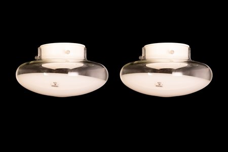 Copppia di lampade da parete o soffitto Gill con diffusore in vetro soffiato di Murano e inserto centrale lattimo   