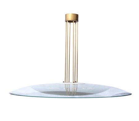 Lampada da soffitto mod. 1498 con montatura in ottone, schermo in vetro satinato e coppa in cristallo    Max Ingrand