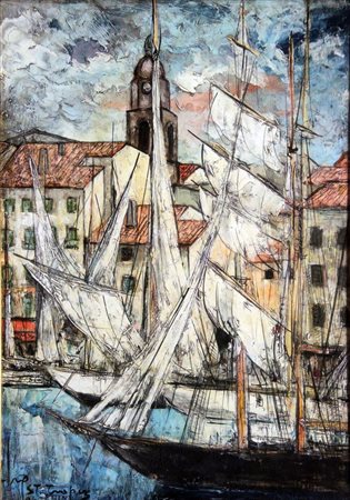 BURRUNI ILIO Ghilarza (OR) 1917 "Saint-Tropez" 1967 68x48 olio su cartone...