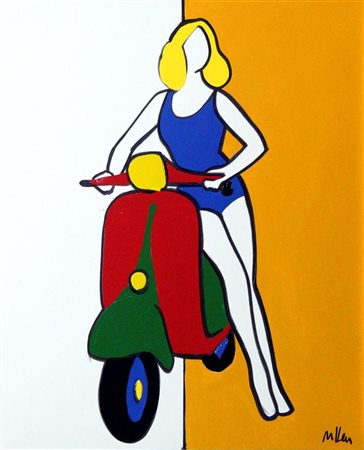 LODOLA MARCO Dorno (PV) 1955 "Bionda con Vespa" 90x80 smalti su tela Opera...