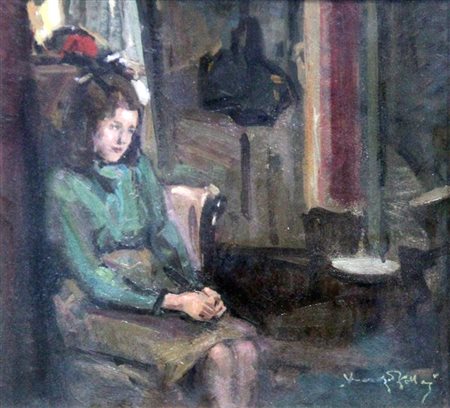 ZOLLA VENANZIO GB 1880 - 1961 Torino "Interno con ragazza" 29x31,5 olio su...