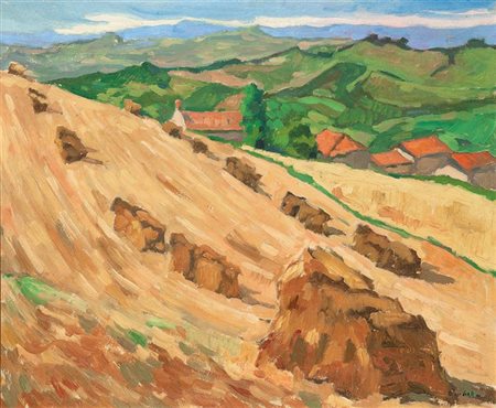 GALLO BEPPE Castagnole Lanze (AT) 1942 "Paesaggio con covoni" 50x60 olio su...