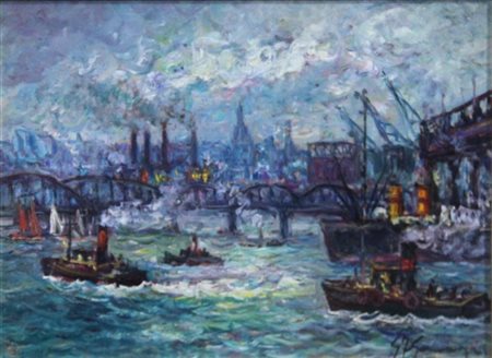 GONZAGA GIOVANFRANCESCO Milano 1921 "Il porto di Brema" 30x40 olio su tela...