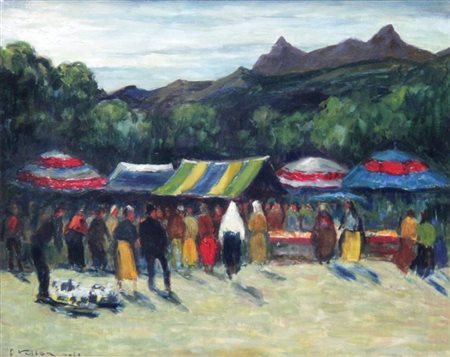 VELLAN FELICE Torino 1889 - 1976 "Mercatino a Bardonecchia" 1968 40x50 olio...