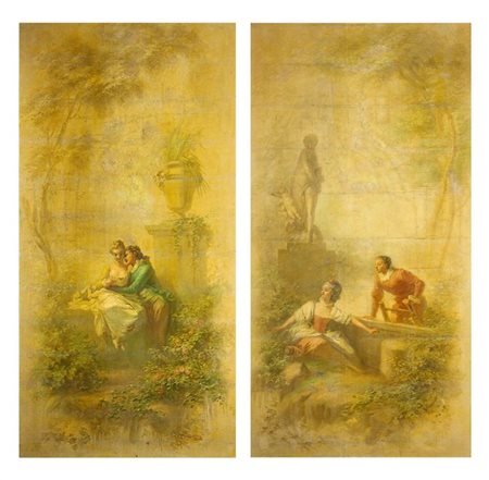 PITTORE DELL'OTTOCENTO "Scene galanti" 152x76, coppia di dipinti ad olio su...