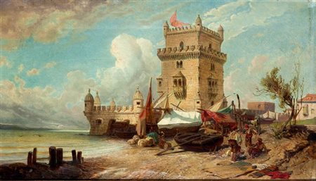 GAMBA ENRICO Torino 1831 - 1883 "La torre di Belem" 1873 circa 35x62 olio su...