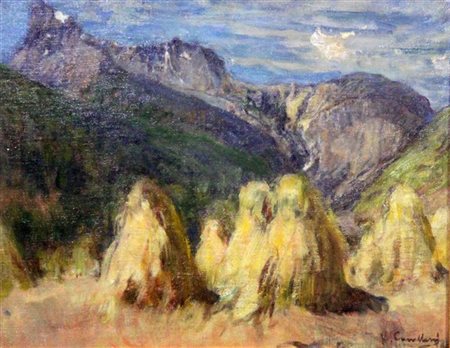 CAVALLERI VITTORIO Torino 1860 - 1938 "Covoni in montagna" 38,5x49 olio su...