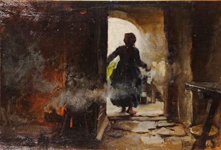 CAVALLERI VITTORIO Torino 1860 - 1938 "Figura in controluce" 29x44 olio su...