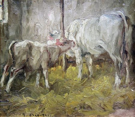 DEPETRIS GIOVANNI Torino 1890 - 1940 "Stalla con mucca e vitellino" 22x26...